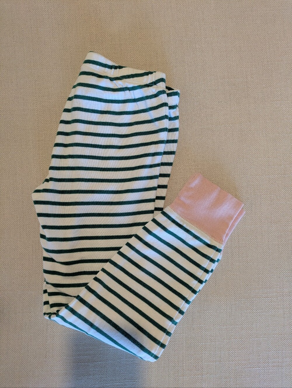 Mini Boden Green and White Striped Leggings with Pink Cuffs